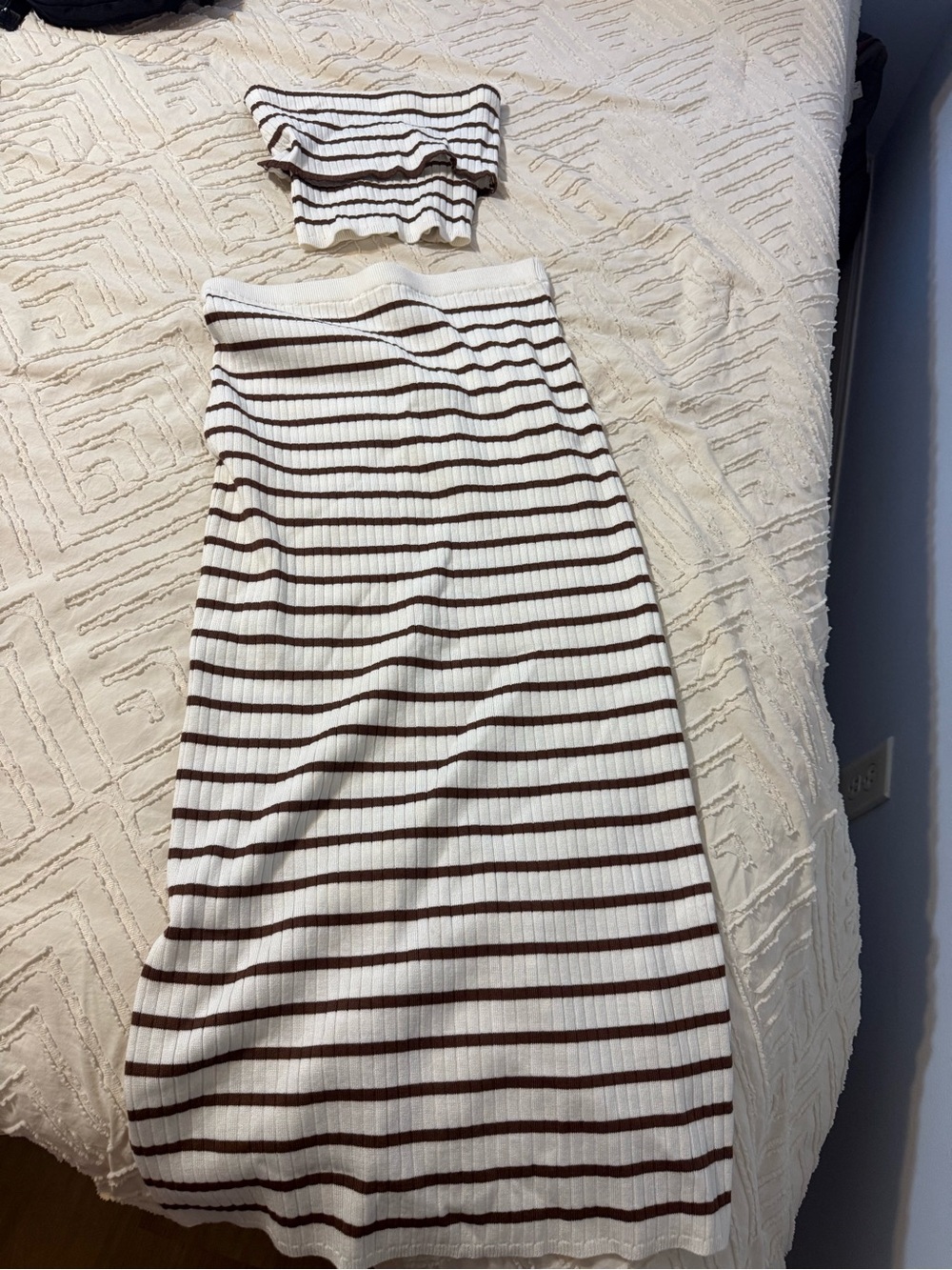 Women's Cream and Brown Striped Knit Two-Piece Skirt Set